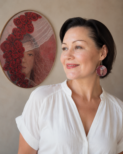 Wooden earrings, Vintage: Woman and roses