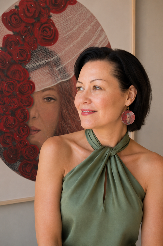 Wooden earrings, Vintage: Woman and roses
